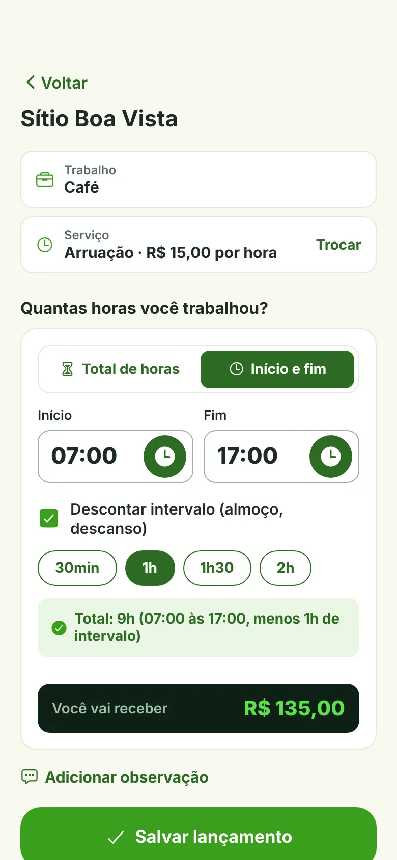 Lançamento por hora: das 07:00 às 17:00 com 1 hora de almoço, total de 9 horas e R$ 135,00