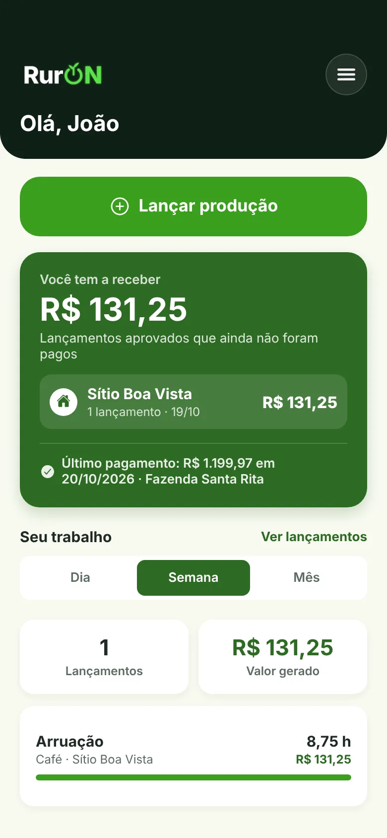 Tela do trabalhador com o valor a receber separado por fazenda